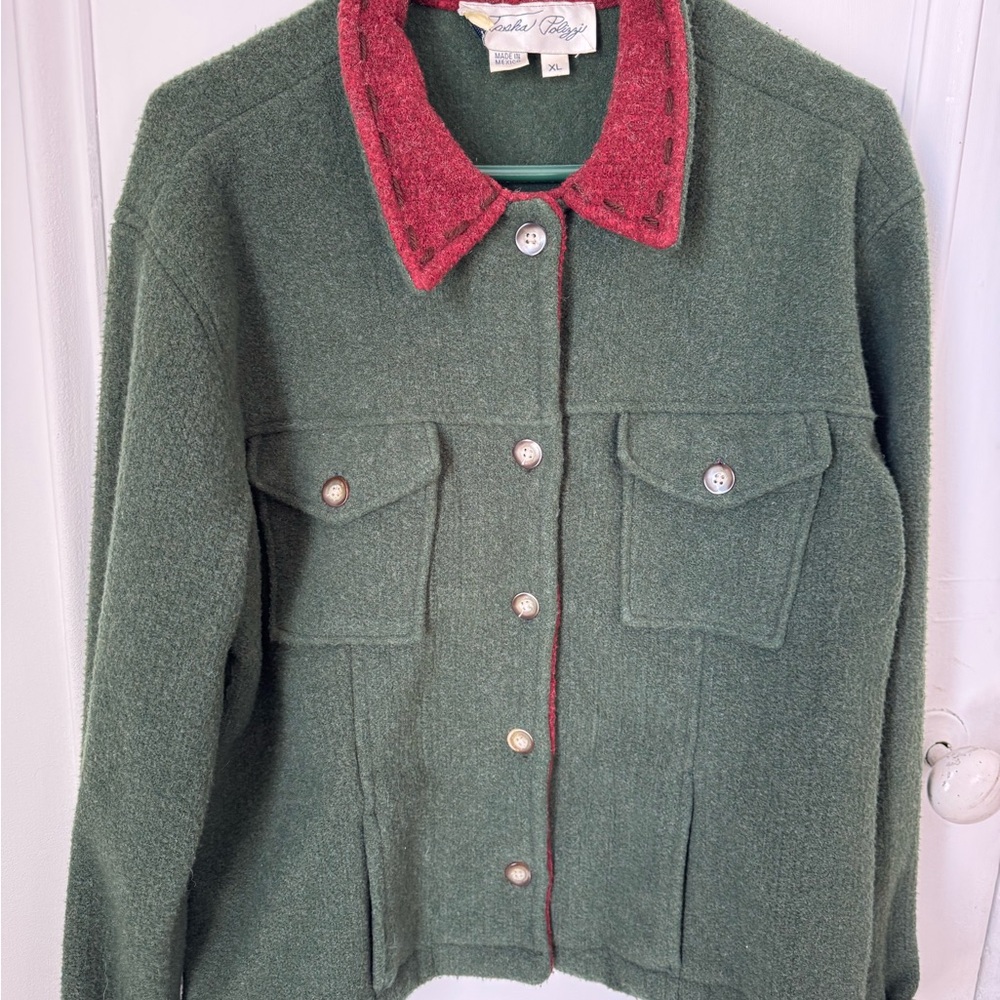 Tasha Polizzi Green Jacket with Red Collar